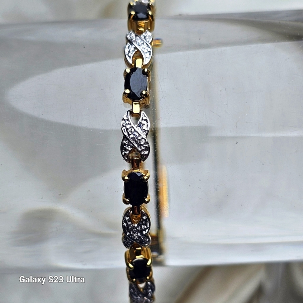 Gold over sterling silver blue sapphire & diamond tennis bracelet 7 in